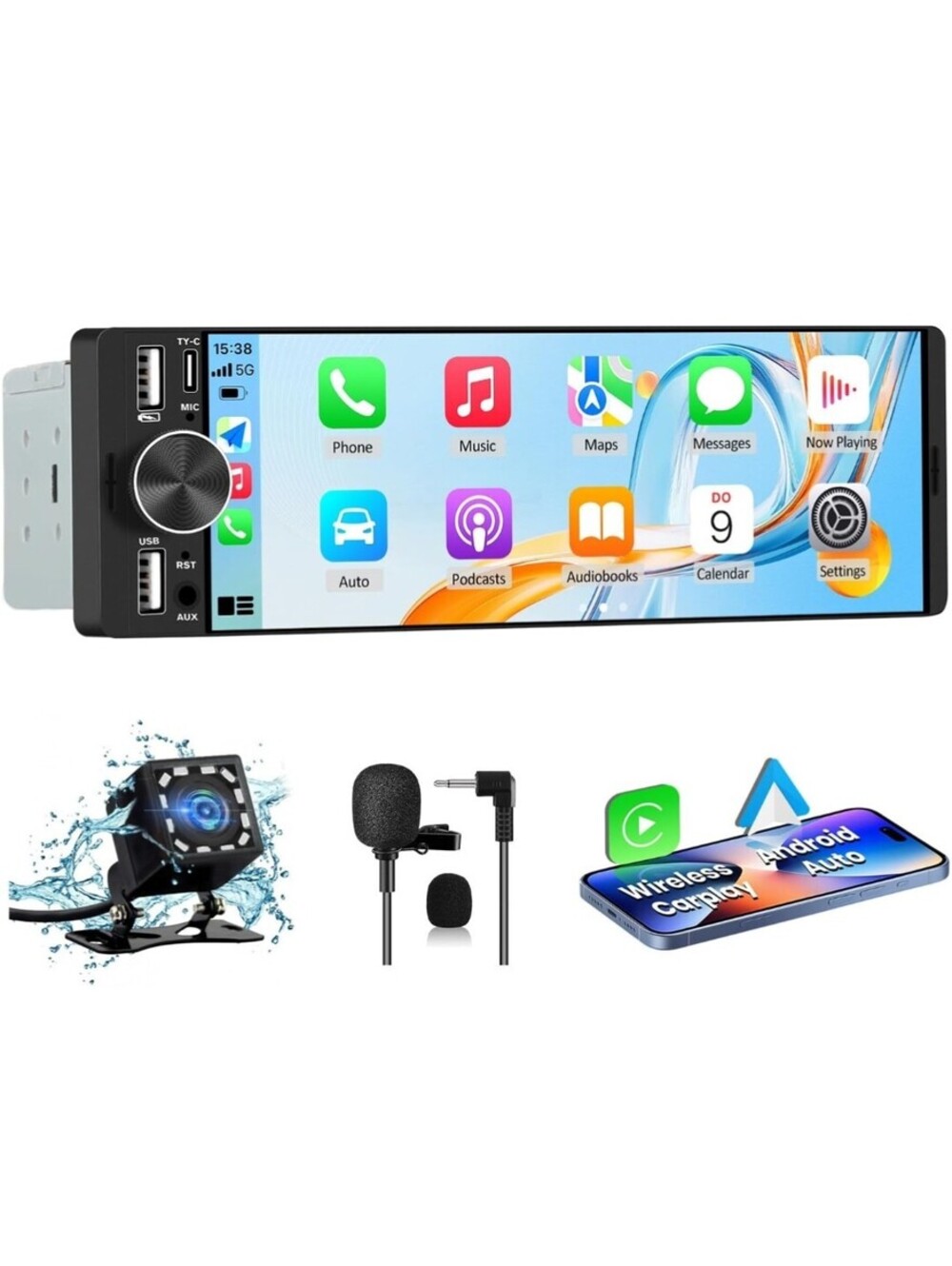 6.36" Single DIN Touchscreen Car Stereo Wireless CarPlay Android Auto Backup Cam